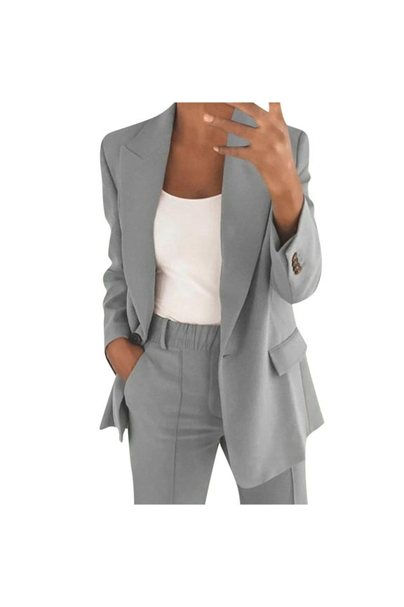 Women Pants Suit, 2 Piece Casual Business Suit, Office Work Blazer Sets, Ladies Notched Lapel Long Sleeve Open Front Cardigan Blazer Jackets and Dressy Pants Sets Women's Suiting Gray