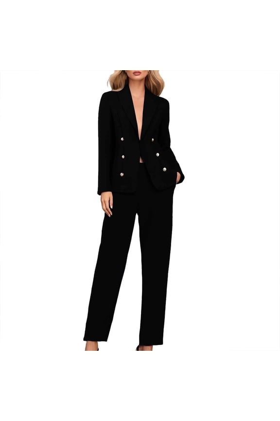 Women Pants Suit Double Breasted 2 Piece Blazer Set Long Sleeve Work Jacket Straight Business Casual Outfits, L