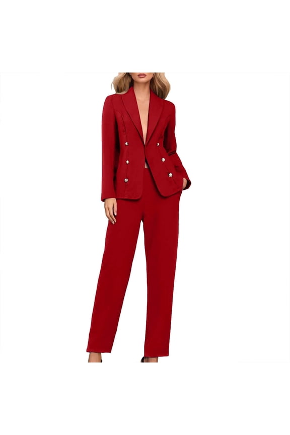 Women Pants Suit Double Breasted 2 Piece Blazer Set Long Sleeve Work Jacket Straight Business Casual Outfits, M
