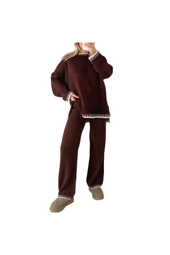 Women Pants Suit, Elegant Contrast Color Long Sleeve Crew Neck Sweater with Knit Pants Fall Outfit