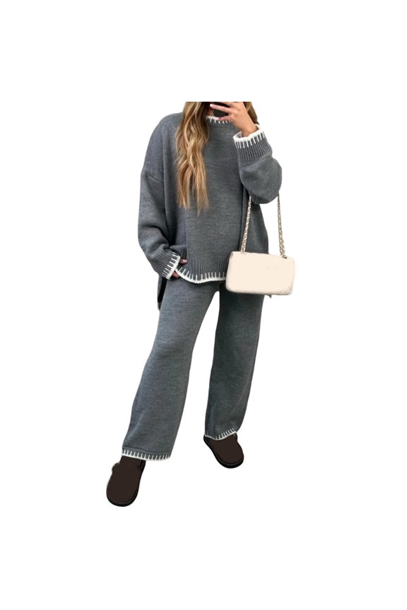 Women Pants Suit, Elegant Contrast Color Long Sleeve Crew Neck Sweater with Knit Pants Fall Outfit