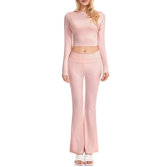 Women Pants Suit, Elegant Long Sleeve Crew Neck T-shirt with Low Waist Flare Pants Office Outfit
