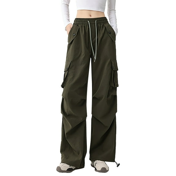Women Pants Summer Cargo Trousers High Waist Quick Dry Casual Wide Leg Lightweight Breathable for Work Green M