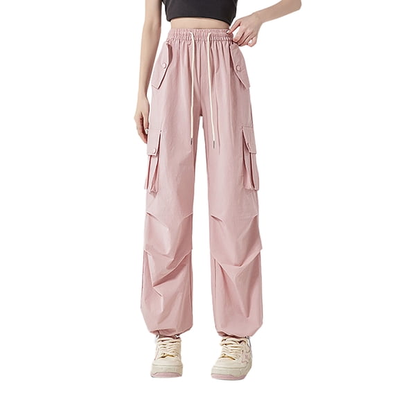 Women Pants Summer Cargo Trousers High Waist Quick Dry Casual Wide Leg Lightweight Breathable for Work Pink M