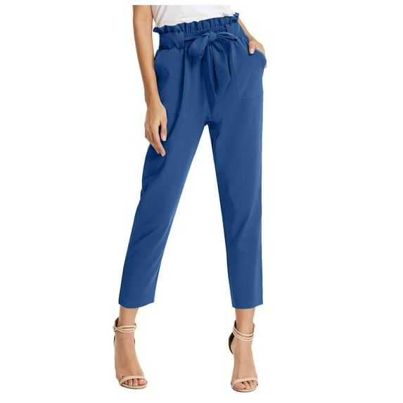 Women Pants Summer Casual Solid Color High Waist Pants Self Tie Belted Pencil Trouser Flowy Pants for Women Blue XL