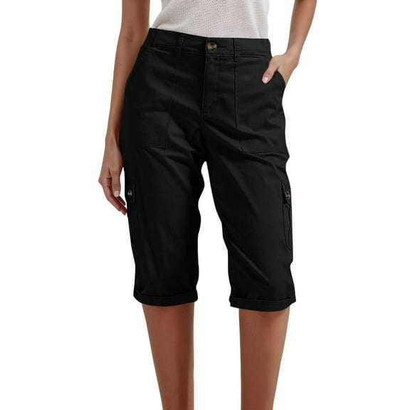 Women Pants Summer Solid Color Multi Pocket Casual Cargo Shorts Lightweight Breathable Five Inch Inseam Black S