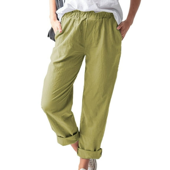 Women Pants Thin Long Linen Pants Straight Leg High Waist Drawstring Trousers Relaxed Fit Spring Summer Green XXL
