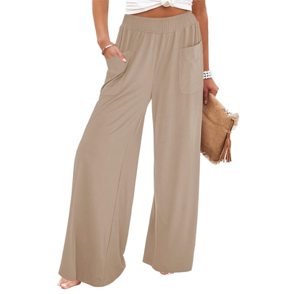 Women Pants Wide Leg High Waist Boho Summer Pants – Casual Flowy Lounge Pants with Pockets, Travel Beach Vacation Outfits Resort Wear Khaki S