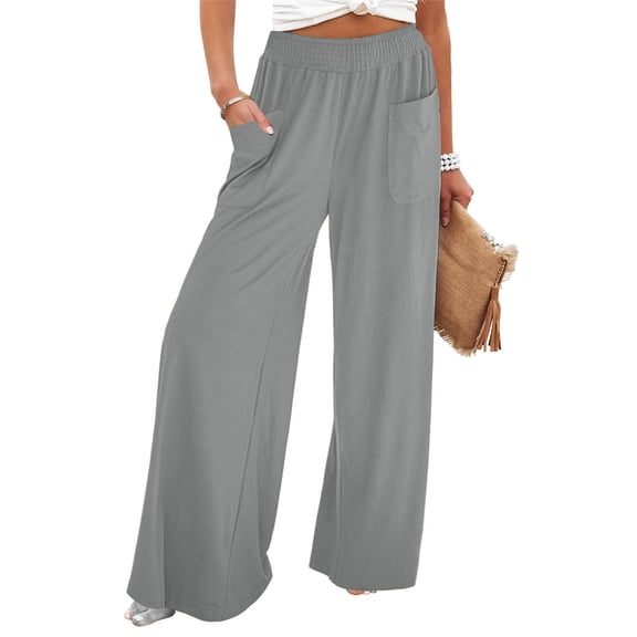 Women Pants Wide Leg High Waist Boho Summer Pants – Casual Flowy Lounge Pants with Pockets, Travel Beach Vacation Outfits Resort Wear Light Gray S