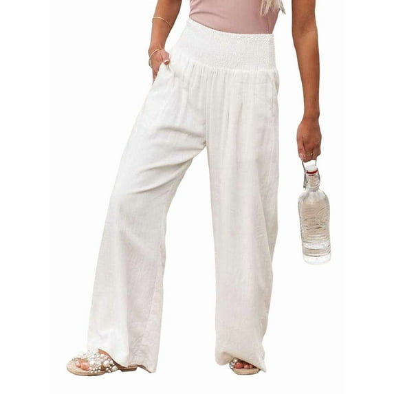 Women Pants Wide Leg High Waisted Palazzo Pants Summer Flowy Beach Lounge Casual Trousers with Pockets White L