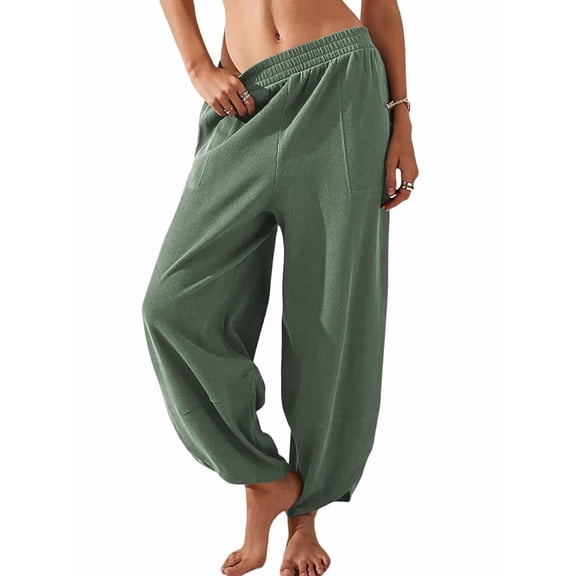 Women Pants Wide Leg Pants Casual Loose Baggy Elastic Waist Beach Palazzo Harem Pants Green M