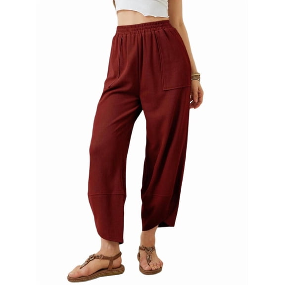 Women Pants Wide Leg Pants Casual Loose Baggy Elastic Waist Beach Palazzo Harem Pants Wine Red XL