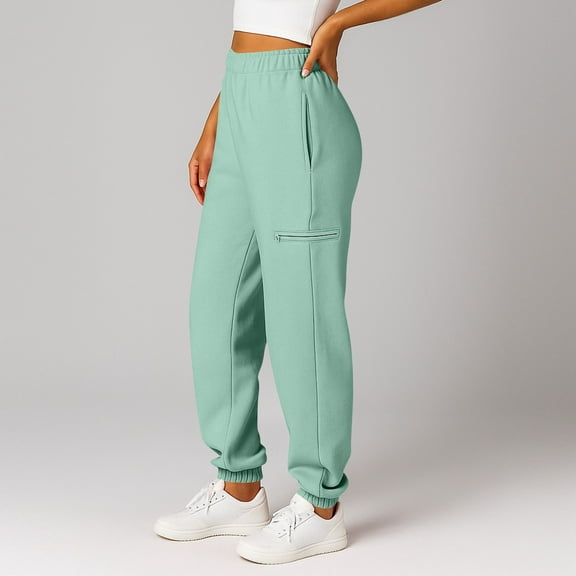 2025 Mint Green Sweatpants Women with Zipper Pockets, Plus Size High Waist Cargo Joggers for Women XS-3XL