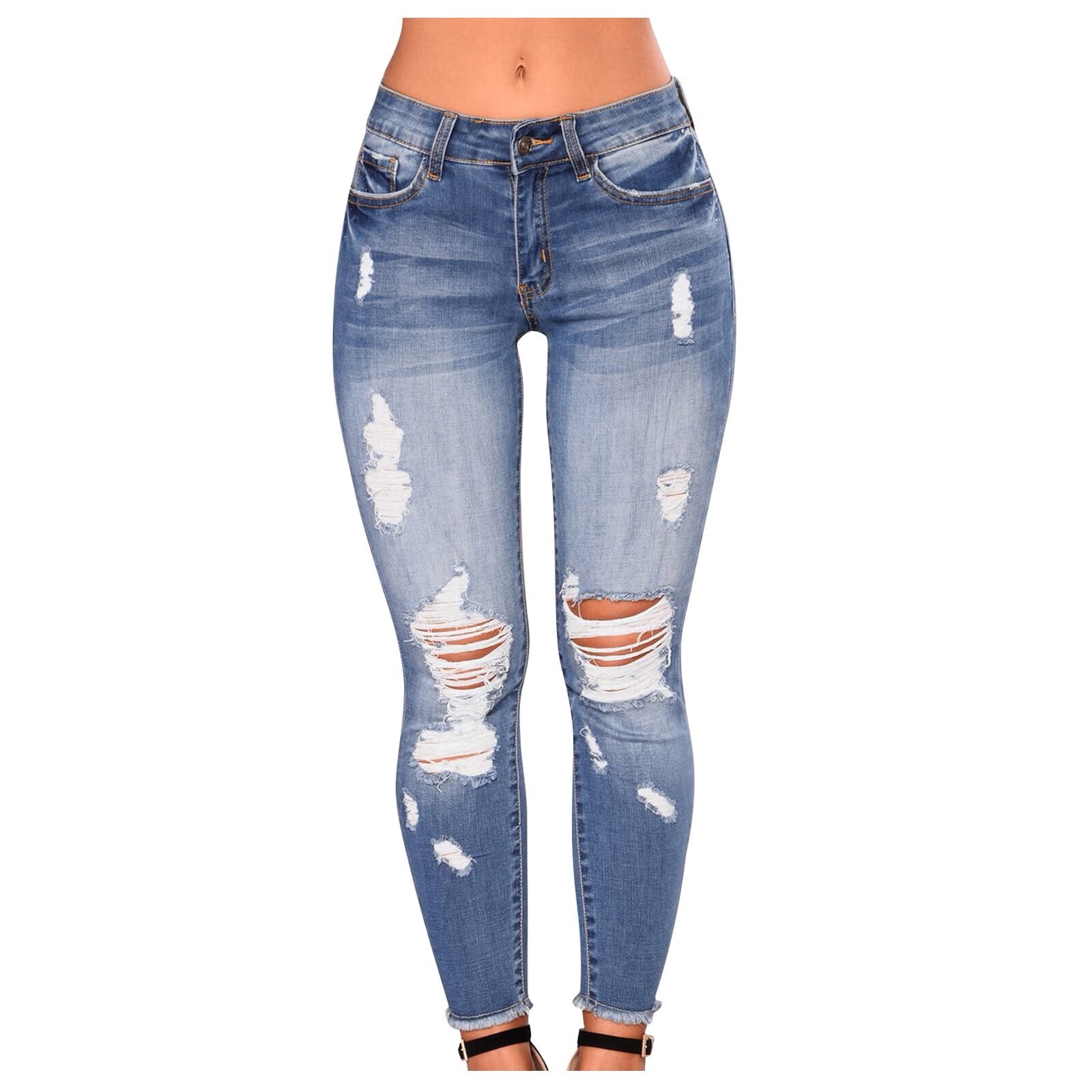 Women Pants Womens Stretchy Ripped Hole Slim Jeans Butt Lifting Distressed Denim  Pants With Pockets Trousers Light blue XL 