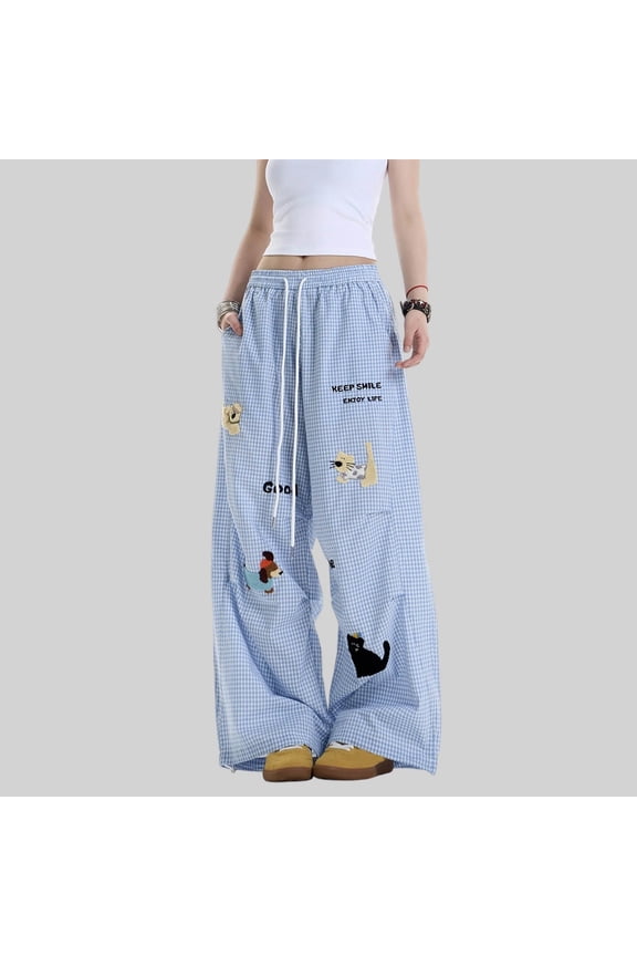 Women Pants Y2K Plaid Baggy Pants Women Streetwear Cartoon Embroidery Wide Leg Casual Drawstring Elastic Waist Trousers,High Waist Drapery Palazzo Pants with Pleats(BlueA,XXL)
