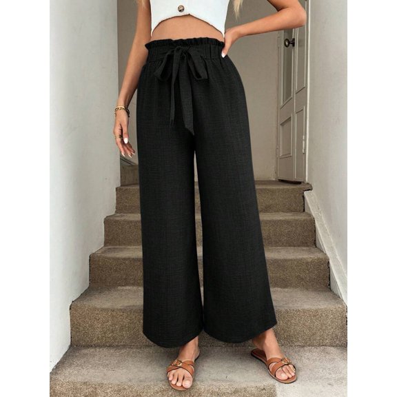 Women Paper Bag Waist Wide Leg Pants Tie Front Elastic Waist Casual Vacation Trousers