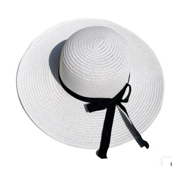 Women Paper Straw Hat, Wide Brim Bow Decor Breathable Sun Protection Anti-UV Beach Hat Seaside Cap