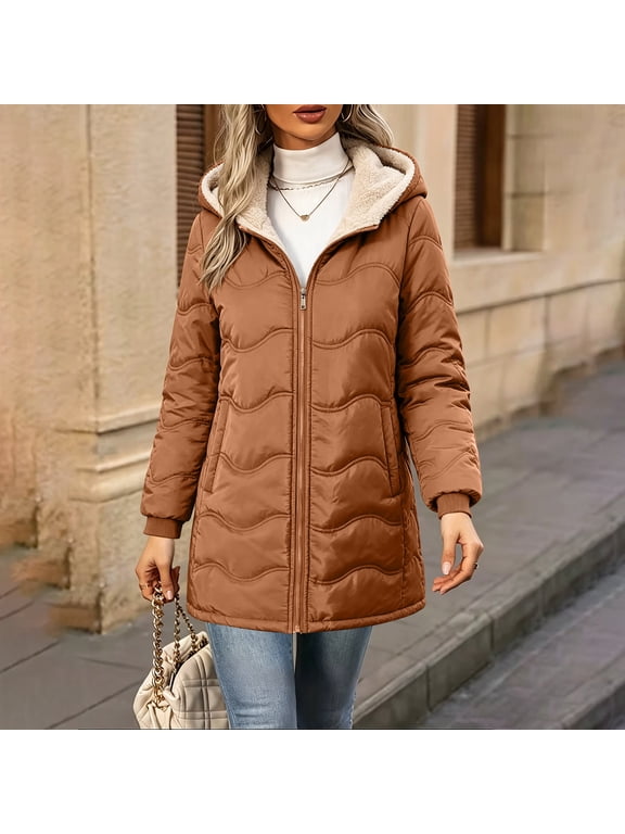 Women Parka Winter Coat Warm Fleece Lined Jacket Thick Quilted Hooded Outerwear Windproof Cotton Padded Overcoat with Pockets Brown XL