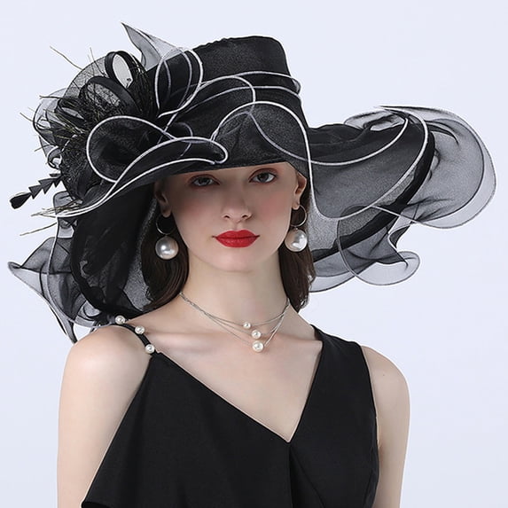 Women Party Church Derby Top Hats Organza Big Wide Brim Fedoras Church Bridal Hat Portable Roll up Cap with Flower Sun Visor Cap Ladies Flowers Fascinators by Comdrip Black