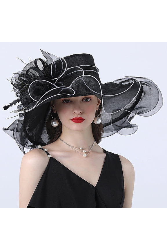 Women Party Church Derby Top Hats Organza Big Wide Brim Fedoras Church Bridal Hat Portable Roll up Cap with Flower Sun Visor Cap Ladies Flowers Fascinators by Comdrip Black