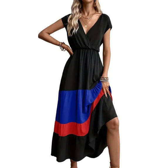 Women Party Color Block Dress High Waist Short Sleeve Maxi V Neck Dress Casual Ruched Ruffle Hem Dress Color 3 XL