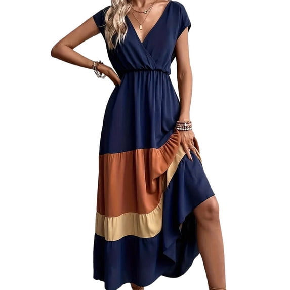Women Party Color Block Dress High Waist Short Sleeve Maxi V Neck Dress Casual Ruched Ruffle Hem Dress Style 1 S