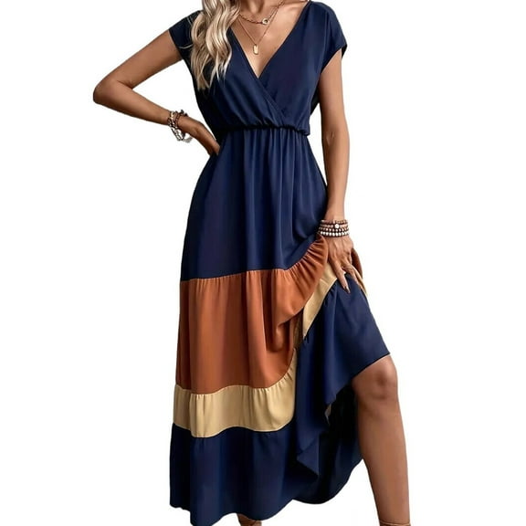 Women Party Color Block Dress High Waist Short Sleeve Maxi V Neck Dress Casual Ruched Ruffle Hem Dress Style 1 XXL