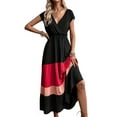 thumbnail image 1 of Women Party Color Block Dress High Waist Short Sleeve Maxi V Neck Dress Casual Ruched Ruffle Hem Dress Style 2 XL, 1 of 7