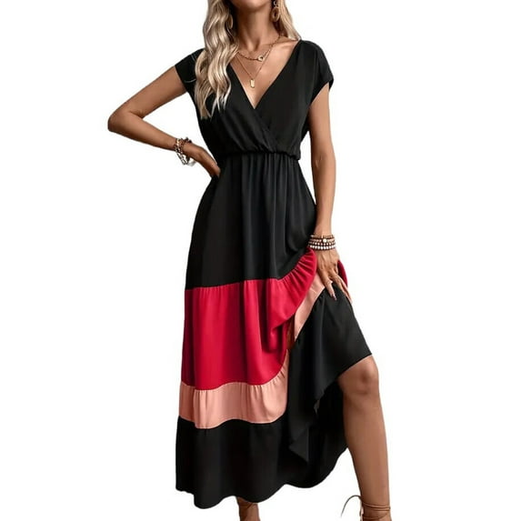 Women Party Color Block Dress High Waist Short Sleeve Maxi V Neck Dress Casual Ruched Ruffle Hem Dress Style 2 XL