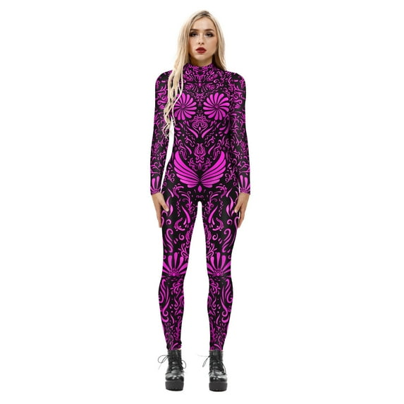 Women Party Costume Skull Print Long Sleeve Jumpsuit Outfit Overall Stretch Jumpsuit Rompers Playsuit