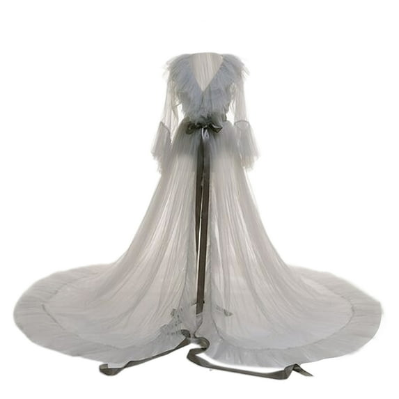 Women Party Dress See-through Mesh Long Sleeve Pleated A-line Bride Wedding Photo Prop Dress Lace-up Bow Waist Wedding Night Honeymoon Bathrobe