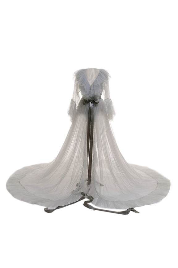 Women Party Dress See-through Mesh Long Sleeve Pleated A-line Bride Wedding Photo Prop Dress Lace-up Bow Waist Wedding Night Honeymoon Bathrobe