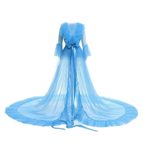 Women Party Dress See-through Mesh Long Sleeve Pleated A-line Bride Wedding Photo Prop Dress Lace-up Bow Waist Wedding Night Honeymoon Bathrobe