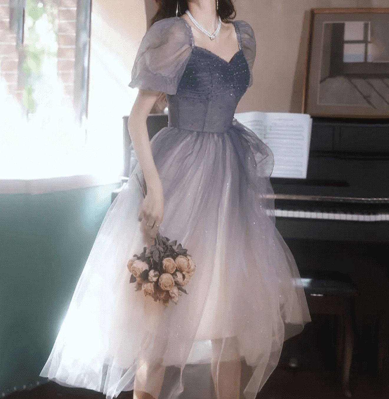 Women Party Dresses Beading Sequins Puff Sleeve Mesh Slim Dress Mid length Femal Banquet Evening Gowns Walmart