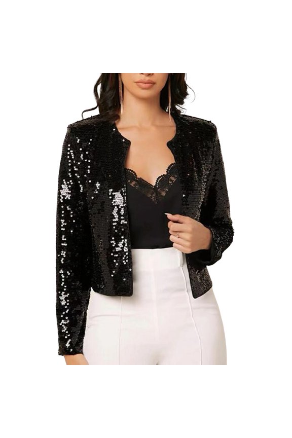 Women Party Sequin Coat Round Neck Open Stitch Cardigan Long Sleeves Short Type Solid Color Stage Performance Club Dance Jacket