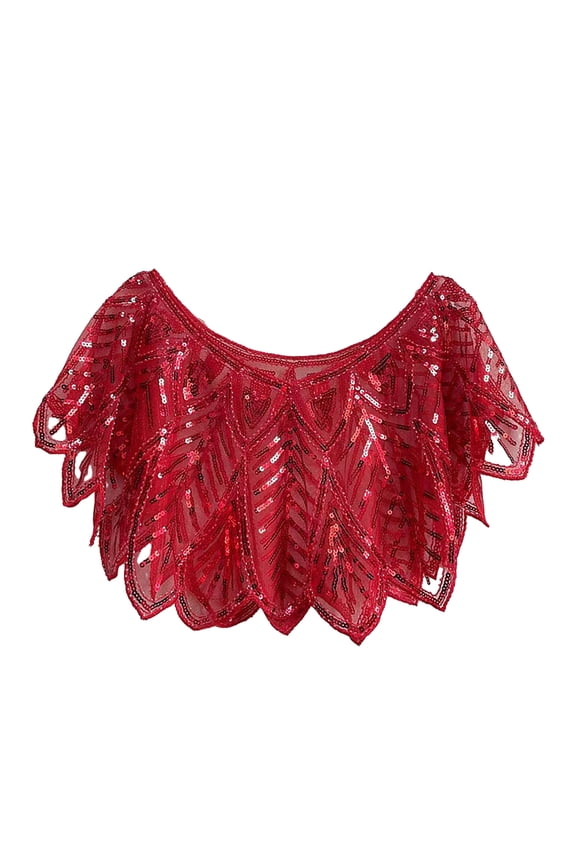 Women Party Shawl Sequin Summer Short Thin Coat V Neck See-through Gauze Leaf Shape Embroideried Beaded Capelet Sparking Cape