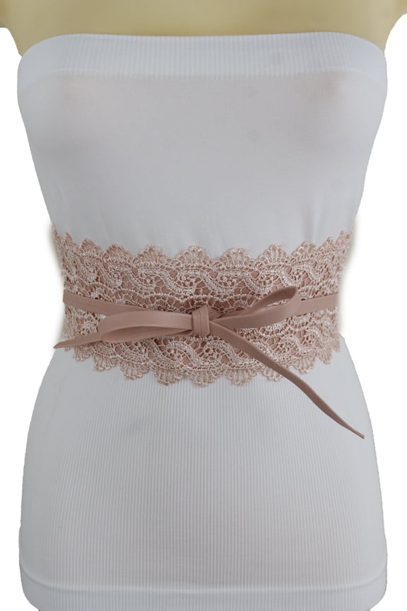 Women Pastel Light Pink Salmon Wrap Around Tie Belt Lace Floral Fabric S M L