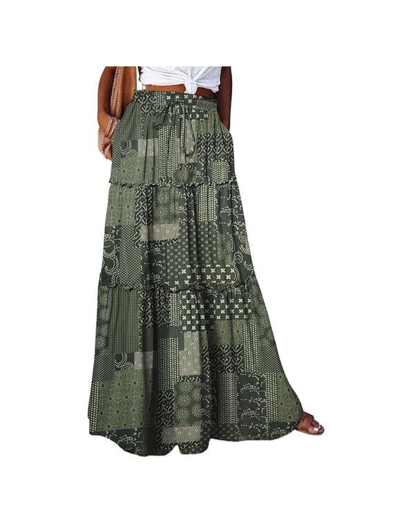 Women Patchwork Floral Print Maxi Skirt High Waist Bohemian Style A Line Long Skirt with Elastic Waistband for Casual Daily Wear Army Green 2XL