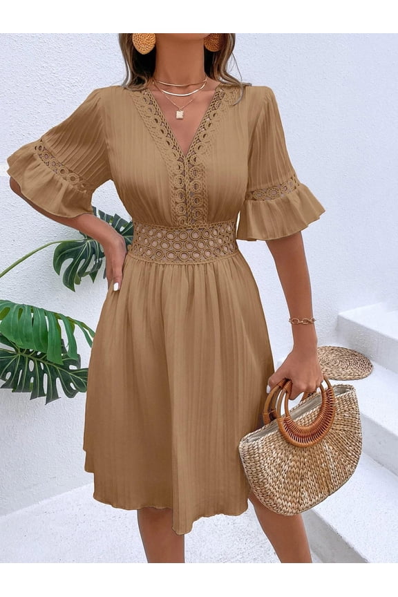Women Patchwork Hollow V-neck Lower Back Crochet Pagoda Sleeve Solid Color Casual Comfortable All-match Dress