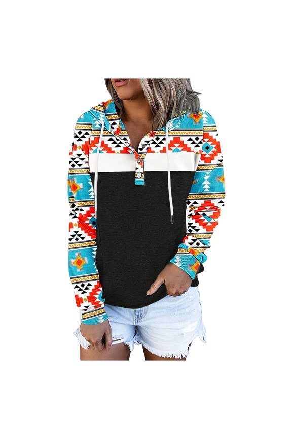 Women Patchwork Print Hoodie Button Accent Drawstring Pocket Long Sleeve Casual Pullover Sweatshirt