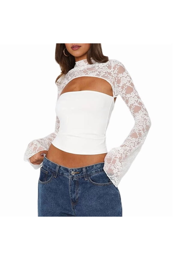 Women Patchwork Sheer Lace Cut Out Crop Top Y2k Mock Neck Long Bell Sleeve Slim Fit Night Out Club T Shirt White M