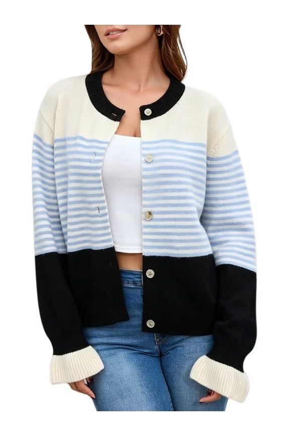Women Patchwork Stripe Color Block Crew Neck Ruffle Flare Cuff Oversized Button Knit Cardigan Black L