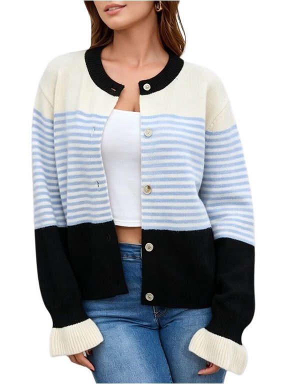 Women Patchwork Stripe Color Block Crew Neck Ruffle Flare Cuff Oversized Button Knit Cardigan Black XL