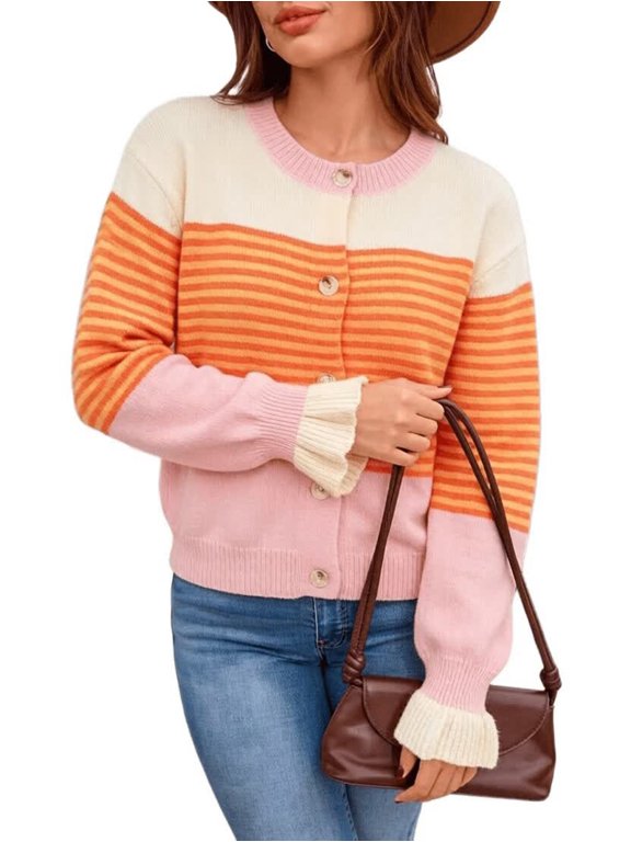 Women Patchwork Stripe Color Block Crew Neck Ruffle Flare Cuff Oversized Button Knit Cardigan Pink M