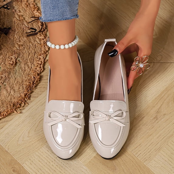 Women Patent Leather Bow Slip‑on Loafers, Round Toe Comfort Flat Shoes, Lightweight Non‑slip Sole Elegant Casual Dress Shoes