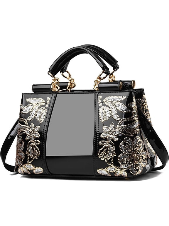Women Patent Leather Fashion Handbags Double Sided Sequin Embroidery Shoulder Bag Top Handle Satchel Purse