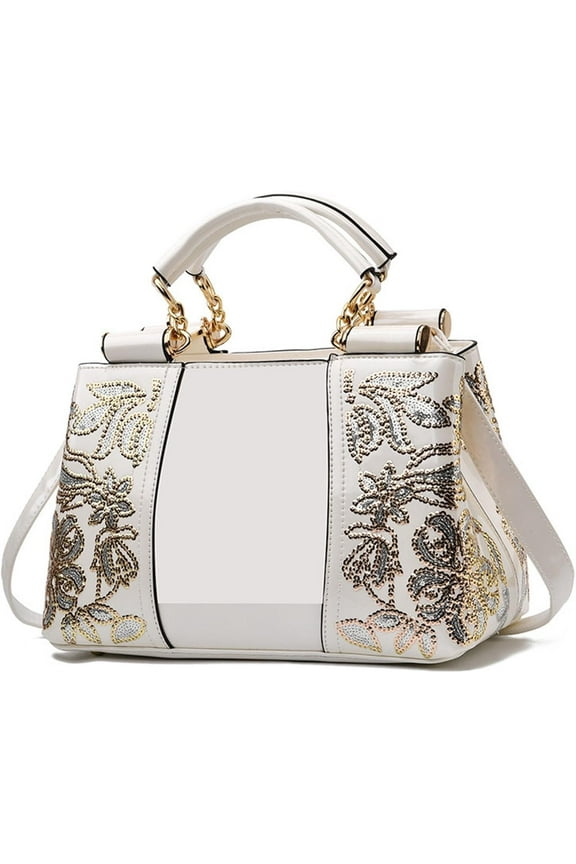 Women Patent Leather Fashion Handbags Double Sided Sequin Embroidery Shoulder Bag Top Handle Satchel Purse