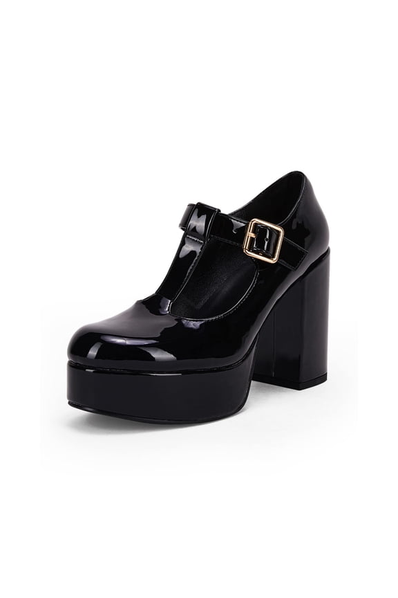 Women Patent Leather Mary Jane Dress Shoes — Chunky Heel, T-Strap, Round Toe, Platform Pumps
