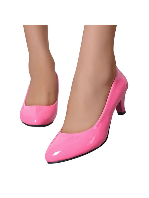 Women Patent Leather Pumps Slip On Mid Heel Dress Shoes Pointy Toe Classic Work Heels For Office Wedding Party Pink 7.5