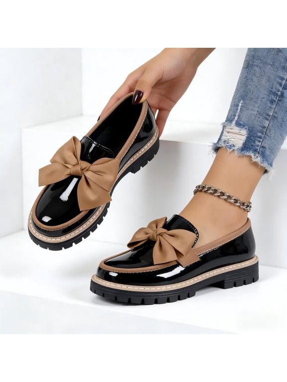 Women Patent Leather Round Toe Loafers, Bow Accent Chunky Heel Platform Casual Shoes